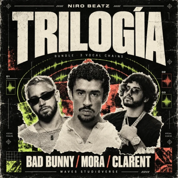 Portada de Trilogía de Niro Beatz, con las Vocal Chains Bad Bunny, Mora y Clarent